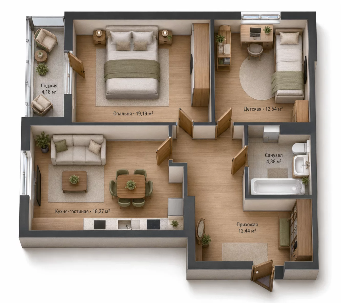 2-комнатная, 68,91 м²