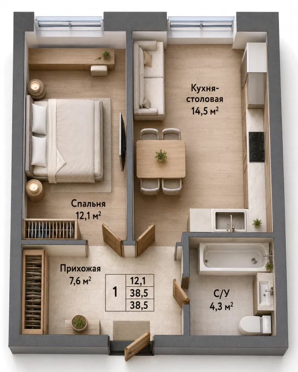 Планировка 38,5 м²