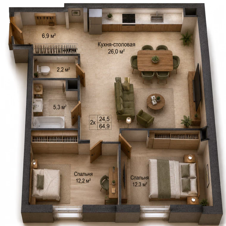 Планировка 64,9 м²