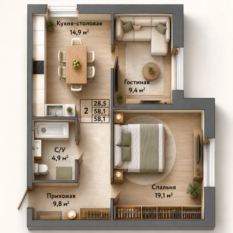 Планировка 58,1 м²