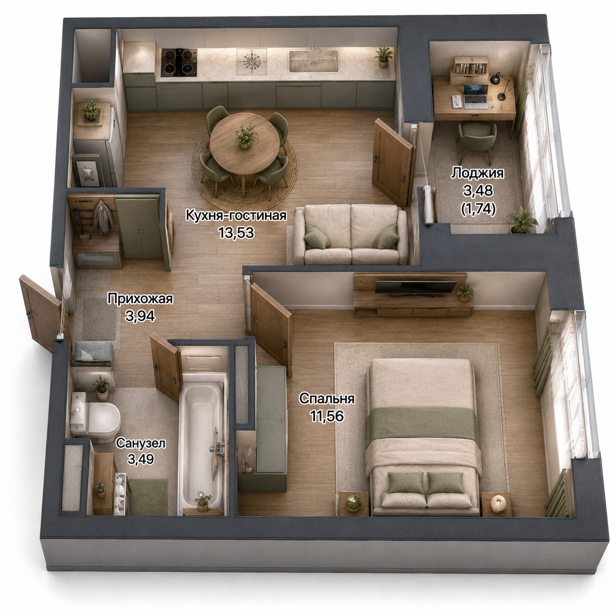 1-комнатная, 34,22 м²