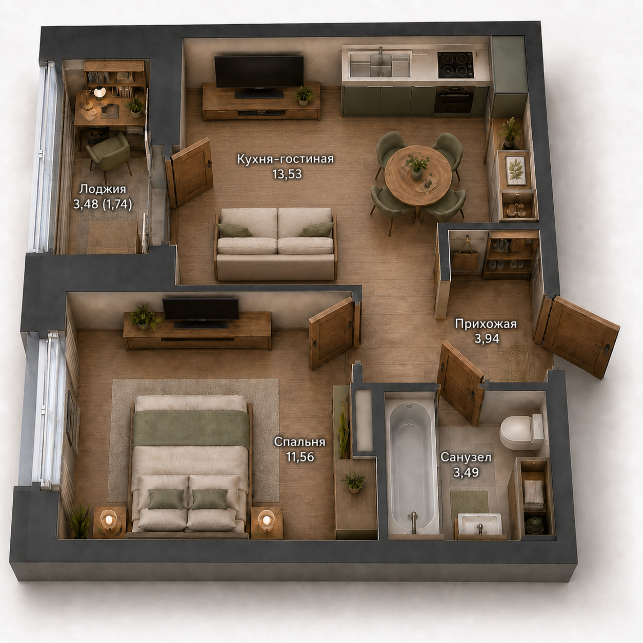 1-комнатная, 34,22 м²