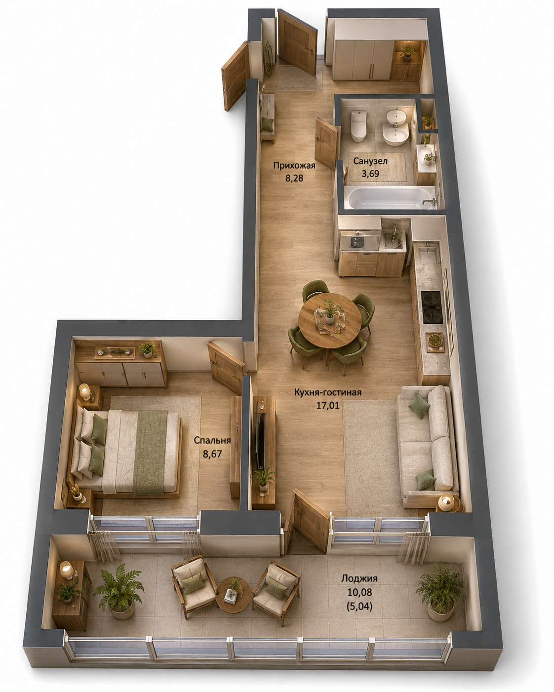 1-комнатная, 42,69 м²